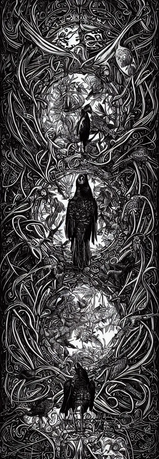 Image similar to psychedelic, monochrome artwork!!, raven, deer, in front of an owl that is a window into the ocean, typography, hr giger, didier comes, james jean, andreas rocha,