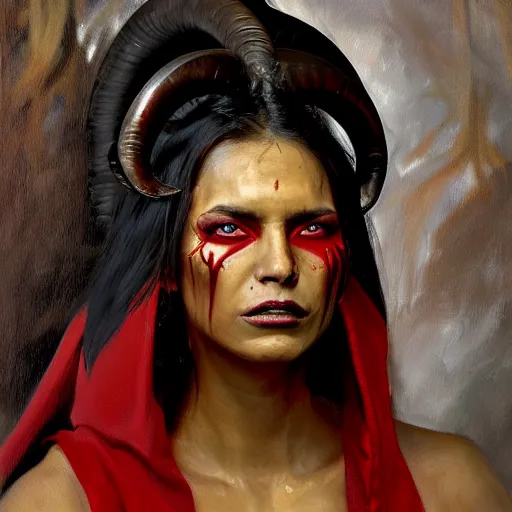 Image similar to painted portrait of an intimidating demon girl with ram horns and red skin, dressed in a cloak. oil painting, fantasy art by greg retkowski and john singer sargent, character design