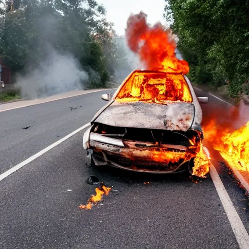 Prompt: a photo of a car on fire after a car accident