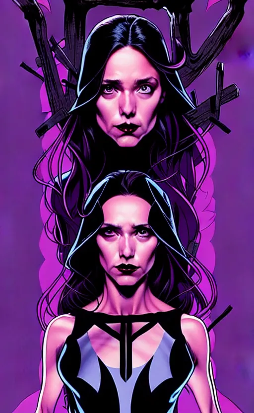 Image similar to rafael albuquerque comic cover art, artgerm, joshua middleton, pretty stella maeve witch doing black magic, serious look, purple dress, symmetrical eyes, symmetrical face, long black hair, full body, twisted evil dark forest in the background, cool colors