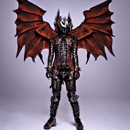 Image similar to am a devil in armor made of iron and dragon bones, with hellish devil wings, in a chameleon - colored suit with a pearl shade