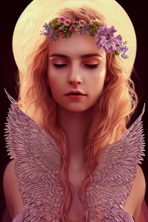 Image similar to beautiful young woman's face, magical, angelic wings, flowers, intricate, synth-wave, retrowave, highly-detailed, elegant, dramatic lighting, gorgeous face, lifelike, photorealistic face, long luxurious intricate gown, digital painting, artstation, illustration, concept art, smooth, sharp focus, art by Craig Russel, Barry Smith, artgerm, and Albert Aublet and Krenz Cushart and Artem Demura and Alphonse Mucha