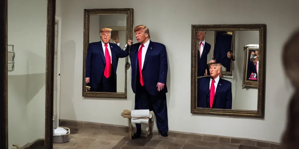 Image similar to ultra wide angle photo of donald trump looking at himself in a bathroom mirror and seeing his reflection dressed as willy wonka and is surrounded by dwarf donald trump like oompa loompas