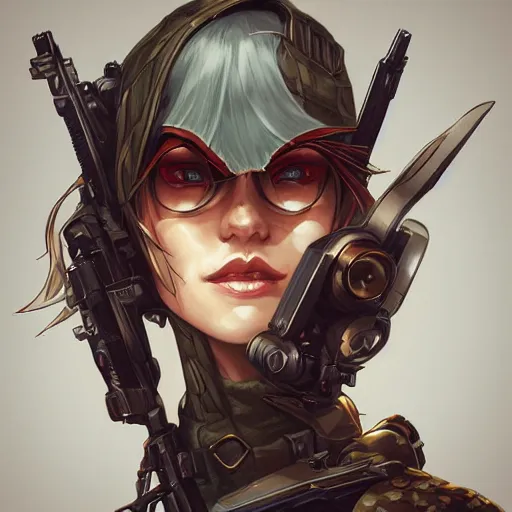 Prompt: evil hero infernal sniper, heroine, beautiful, detailed symmetrical close - up portrait, intricate complexity, in the style of artgerm and peter mohrbacher, cel - shaded
