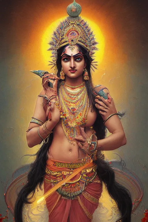 Image similar to Portrait of beautiful indian Kali goddess, cinematic lighting, intricate, elegant, highly detailed, digital painting, artstation, smooth, sharp focus, illustration, art by artgerm and greg rutkowski and zdislav beksinski and alphonse mucha and Wayne Barlowe and william-adolphe bouguereau