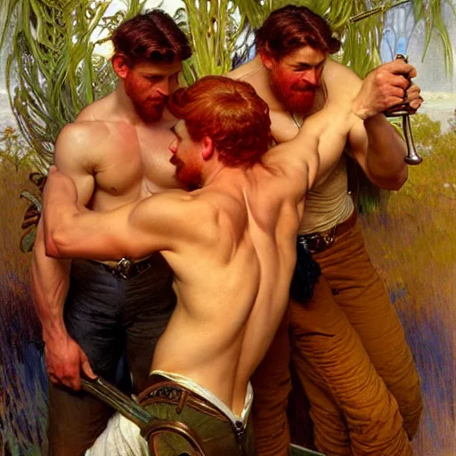 Prompt: attractive muscular mike with ginger hair and muscular attractive ty with brunet hair, drinking their hearts out, boys night out. highly detailed painting by gaston bussiere, craig mullins, j. c. leyendecker, alphonse mucha 8 k