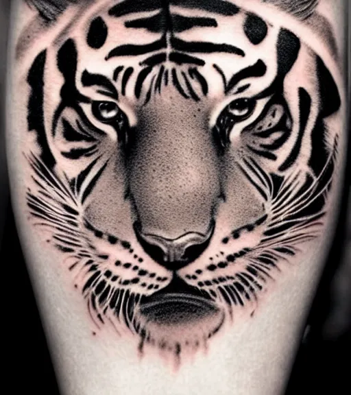 Prompt: tattoo design of a beautiful girl warrior under a tiger head, hyper realistic, realism tattoo, by eliot kohek, beautiful eyes, realistic face, black and white, white background