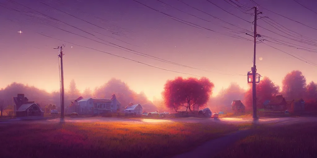 Image similar to sleepy rural town in middle america by christopher balaskas, jordan grimmer, prismatic, rococo, pearlescent, reflective, shimmering, highly detailed, masterpiece, dreamy, concept art, cinema lighting, 8 k, trending on artstation