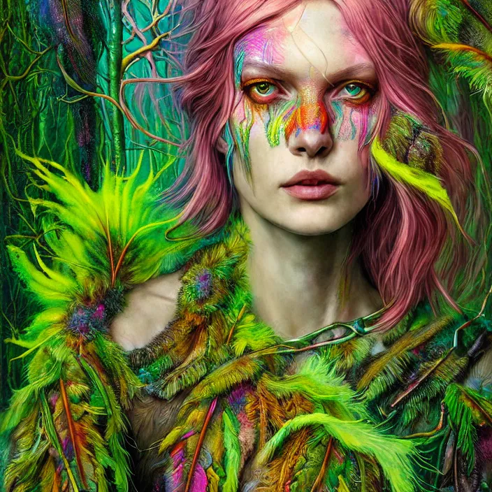 Image similar to bright psychedelic portrait of organic cyborg covered in moss and feathers in an ancient forest, diffuse lighting, fantasy, intricate, elegant, highly detailed, lifelike, photorealistic, digital painting, artstation, illustration, concept art, smooth, sharp focus, art by John Collier and Albert Aublet and Krenz Cushart and Artem Demura and Alphonse Mucha