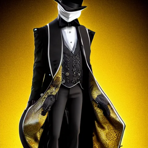 Image similar to a highly detailed portrait of a man in a high top hat covering his face, in a black tailcoat with a yellow waistcoat under the tailcoat, artstation, deviantart, professional, unreal engine 5, photorealistic