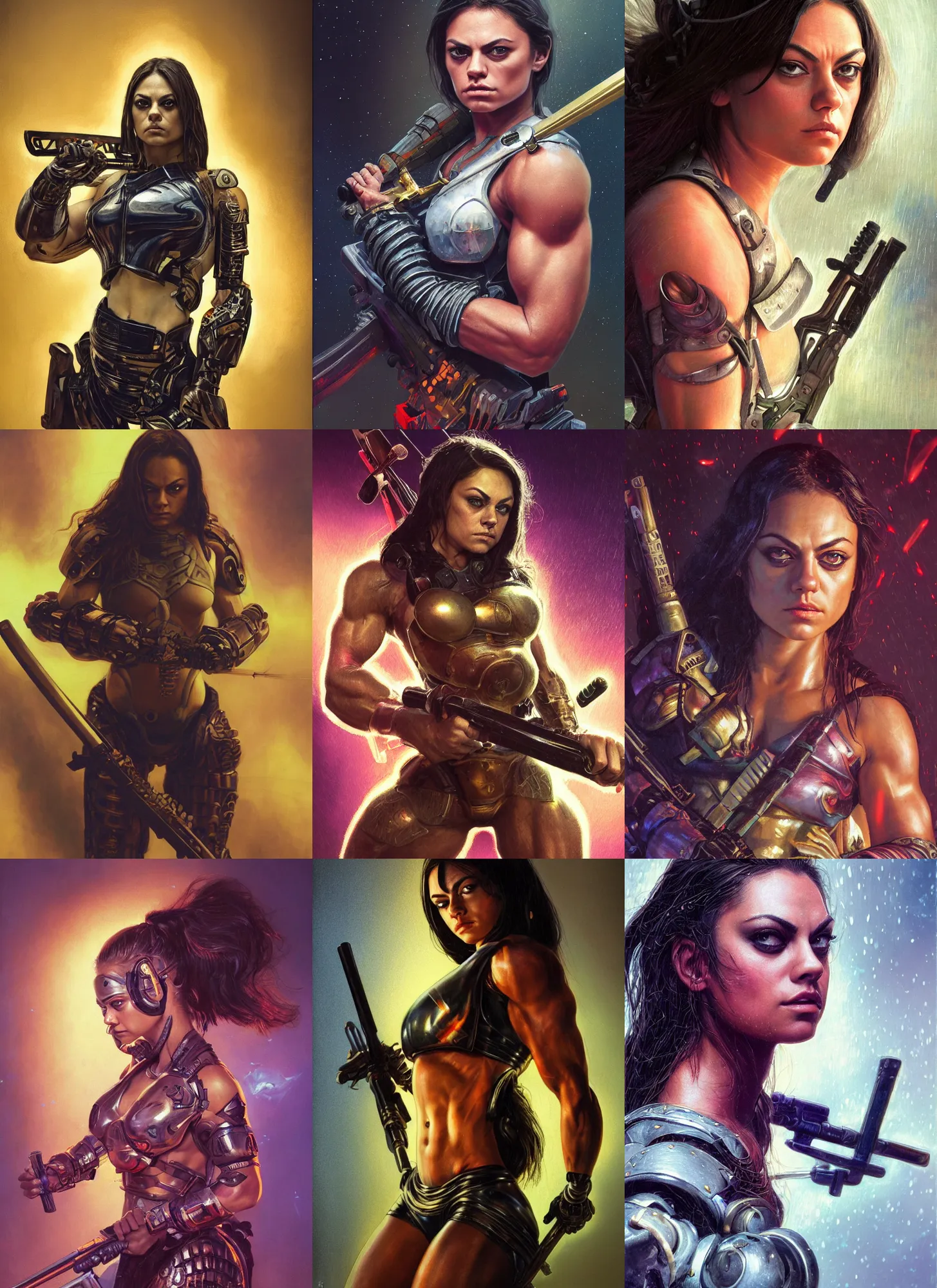 Image similar to bodybuilder mila kunis closeup portrait of a beautiful biblical diabolical samurai girl holding a rifle, cyborg neon armor, foggy fireflies, cinematic studio light, golden hour, gerald brom, mikhail vrubel, peter elson, muted pastel colors, extreme detail, light rain, trending on artstation, 8 k