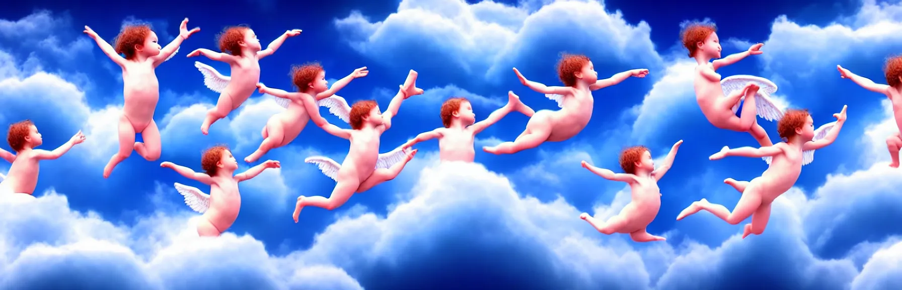 Image similar to multiple beautiful angels swimming in the cloud in acrobatic poses; dreamy sky, ultrarealistic, photorealistic, 8K