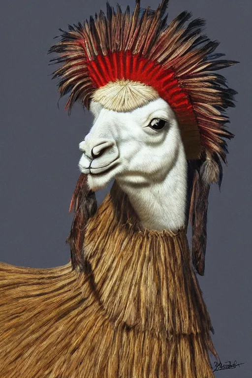 Image similar to hyperrealism close-up portrait llama in War bonnet in style of da Vinci