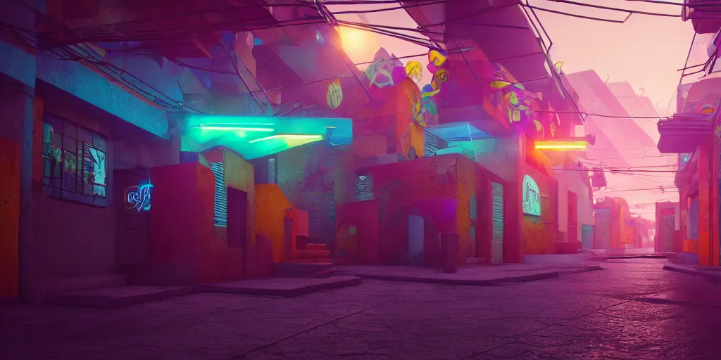 Image similar to angled view of a futuristic small mexican town cobbled street, blade runner 2 0 4 9 city architecture, mexican dia de muertos hanging paper decorations, environmental lighting, stromy weather, ray tracing, amazing view, highly detailed, neon shops, octane render, unreal engine 5, 4 k