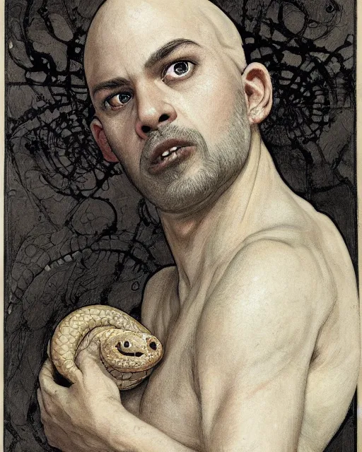 Image similar to portrait of a 4 0 - year - old bald character, male, with a white complexion, wide, cat - like scarlet eyes, nose as a snake, and a thin mouth, wearing in black clothes, hyper realistic face, beautiful eyes, fantasy art, in the style of greg rutkowski, intricate, alphonse mucha, hyper detailed, smooth