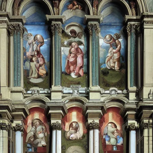 Prompt: church facade, water flowing from doors, Transfiguration, in the style of terrazzo by raphael, Michelangelo