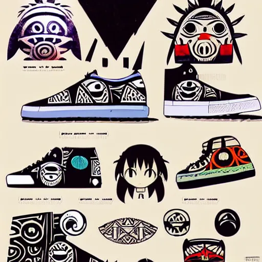 Image similar to sneaker design designed by studio ghibli, aztec mayan street fashion native punk sneaker design, majora's mask, wearing wooden mask, hip hop sneaker design with subtle mayan patterns, gapmoe yandere grimdark, trending on pixiv fanbox, painted by greg rutkowski makoto shinkai takashi takeuchi studio ghibli, akihiko yoshida