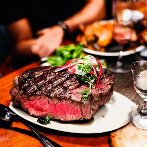 Image similar to photo of cow eating steak at an italian restaurant, 5 0 mm, beautiful photo