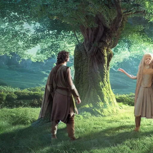 Image similar to frodo & sam & yavanna under tree in valinor lord of the rings, movie still, 4 k, octane render