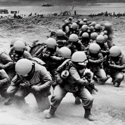 Prompt: combat footage of Minions on D-Day