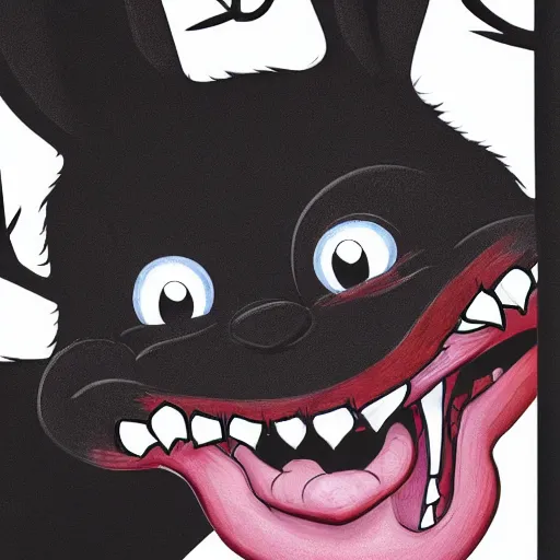 Prompt: A extremely highly detailed majestic hi-res beautiful, highly detailed head and shoulders portrait of a scary terrifying, horrifying, creepy black cartoon rabbit with scary big eyes, earing a shirt laughing maniacally , let's be friends, in the style of a Walt Disney cartoon