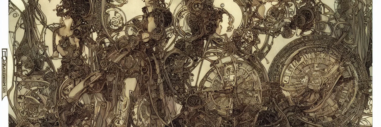 Prompt: art nouveau dieselpunk frames and designs only, no central figure, by travis charest, moebius and mucha, intricate, ornate, circuitry, gears, painted, extremely hyperdetailed, art deco, masterpiece, sharp focus, realistic technical details