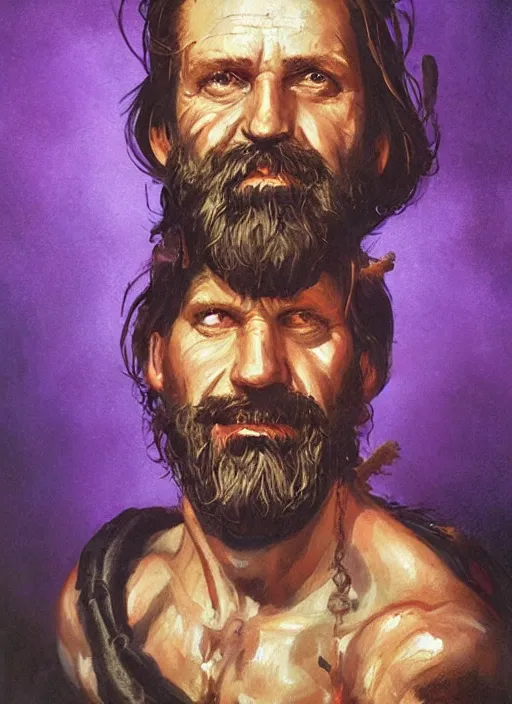 Prompt: portrait of grizzled sailor on sea of purple flame, coherent! by brom, deep color, strong line, high contrast