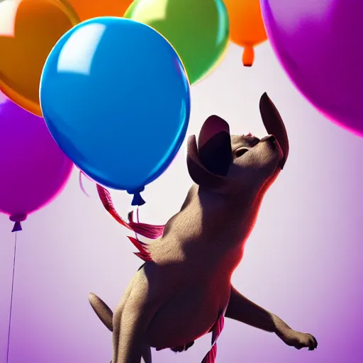 Image similar to puppy flying holding balloons, 8k, fantasy, intricate, cinematic lighting, highly detailed, digital painting, artstation, concept art, smooth, sharp focus, illustration, by Pixar