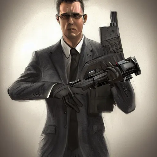 Image similar to portrait of an agent in a suit armed with a kriss vector, D&D, fantasy, elegant, hopeful, muscular, highly detailed, digital painting, artstation, concept art, smooth, sharp focus, illustration