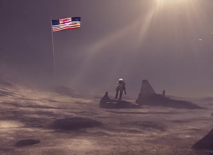 Image similar to astronaut holding a flag in an underwater desert. a submarine is visible in the distance. dark, concept art, cinematic, dramatic, atmospheric, 8 k, trending on artstation, blue, fish, low visibility, light rays, extremely coherent, bubbles, fog, ocean floor, christopher nolan, interstellar