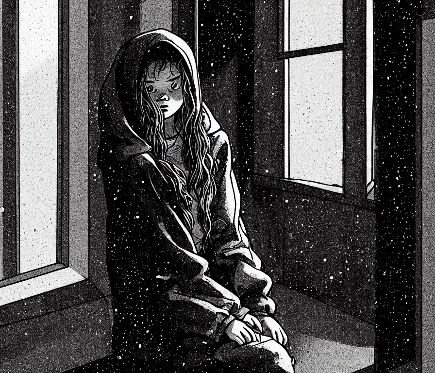 Image similar to sadie sink in hoodie sits on windowsill, knees tucked in | rain falls at night : storyboard, scifi cyberpunk. by joe alves. cinematic atmosphere, detailed and intricate, perfect anatomy