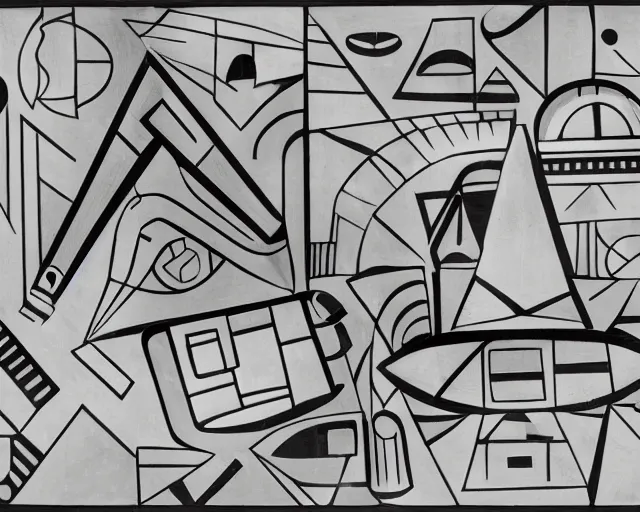 Image similar to photo of minimalist abstract cubist sculpture of curvy spaceship with random small mecha mayan decorations, covered with few large white airplane parts with windows and doors, as a relief mural