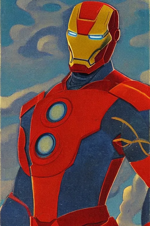 Image similar to iron man, marvel, artwork by nicholas roerich