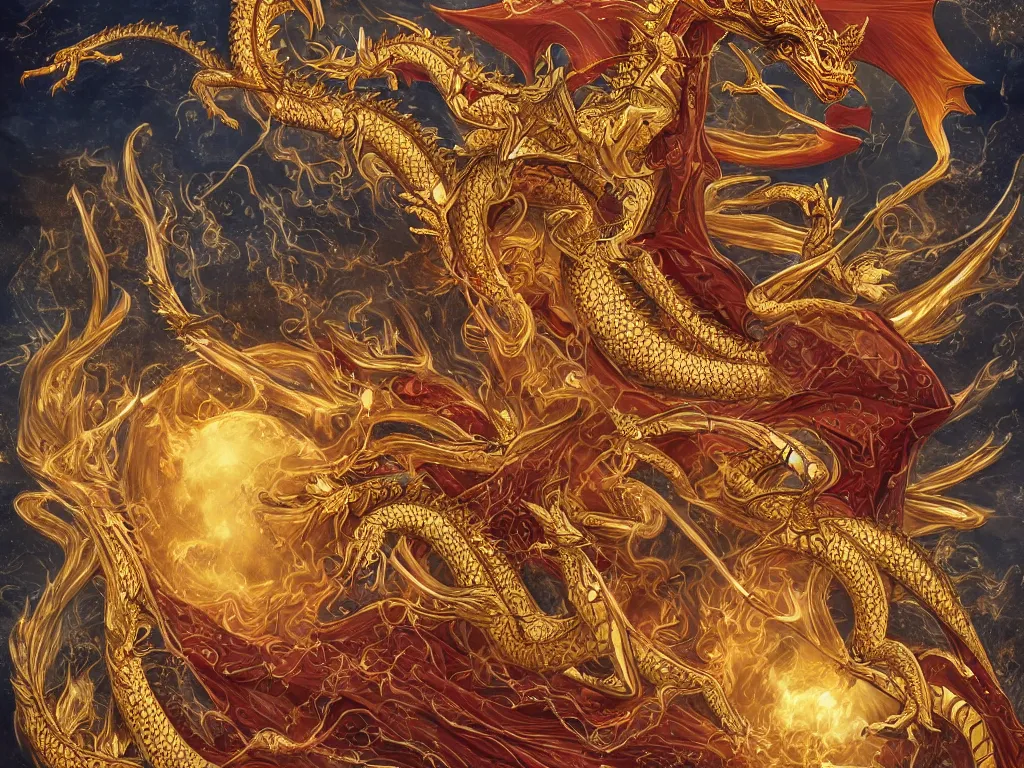 Prompt: digital art, tarot, monarchy, oriental dragon, noble, intrincate, ultra detailed, high class, steady look, relaxed, full body, full color, magic, golden details, trending on artstation, wallpaper, award-winning art, 4k, royalty