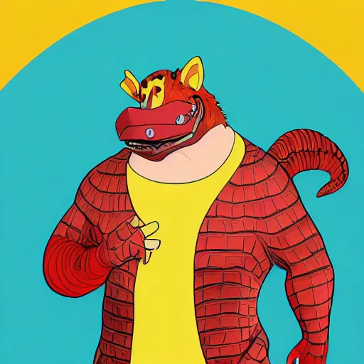 Image similar to in the style of artgerm, loish, anthropomorphic alligator, red scales on his back, yellow scale on his belly and chest, male, waring a hawaiian shirt, in the style of zootopia