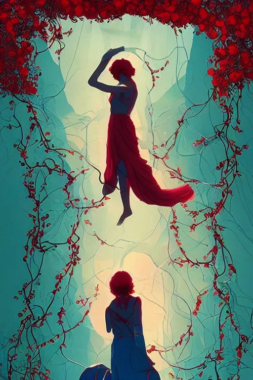 Prompt: movie poster artwork by Tomer Hanuka of broken arches leading to the pillars of eternity draped with red flowers and vines, blue sky, lens flare, a sense of mystery, cinematic, ultra detailed, intricate, sharp focus, trending on artstation and unreal engine