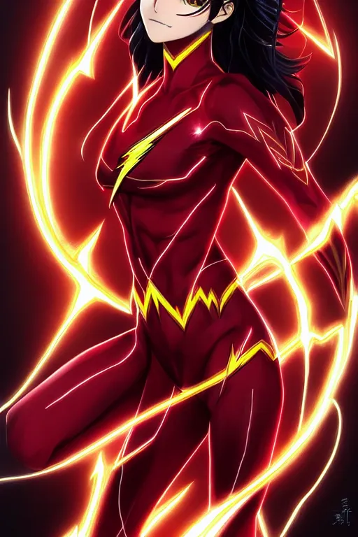 Image similar to anime key visual of a beautiful female the flash!! intricate, red, black, gold suit, powers, speed, lightning hate, dc comics, cinematic, stunning, highly detailed, digital painting, artstation, smooth, hard focus, illustration, art by artgerm and greg rutkowski and alphonse mucha