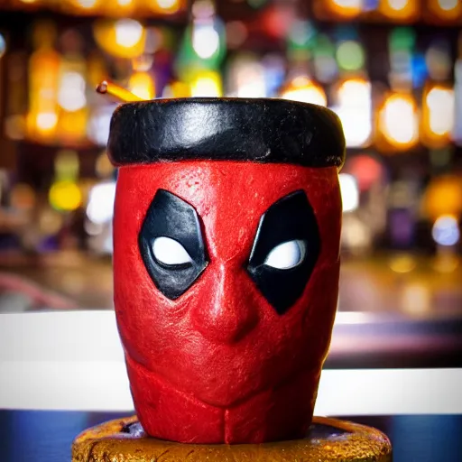 Prompt: a closeup photorealistic photograph of a deadpool style tiki mug sitting at a trader vic's bar featuring the face of deadpool. tiki culture. bright scene. fine detail. this 4 k hd image is trending on artstation, featured on behance, well - rendered, extra crisp, features intricate detail, epic composition and the style of unreal engine.