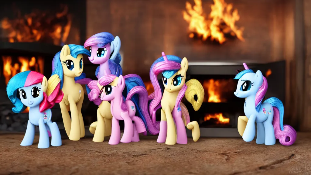 Prompt: A wholesome scene of My Little Pony figurines in front of a fireplace, 4k, 8k, photography, studio lighting