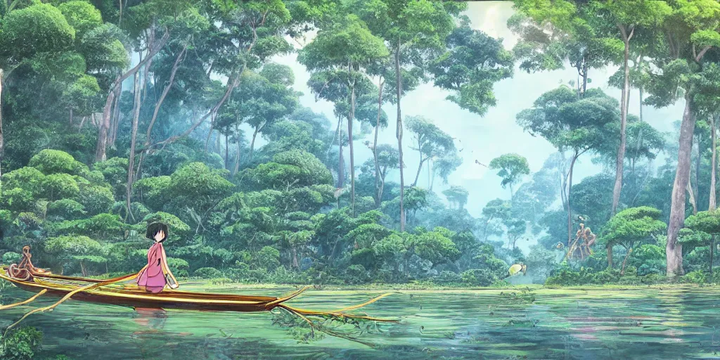 Image similar to sri lankan river jungle, drawn by hayao miyazaki