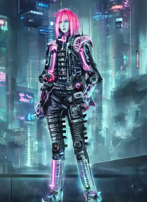 Image similar to stunning futuristic superb cyberpunk young female Samurai wearing samurai armor hybrid with military tactical vest, armor has neon circuitry, long white hair, windswept hair, sci-fi in futuristic stormy heavy rain thunder flashing tokyo rooftop cyberpunk night, sci-fi,fantasy, intricate, very very beautiful, elegant, neon light, highly detailed, digital painting, artstation, hyper realism, concept art, soft light, hdri, smooth, sharp focus, illustration, art by tian zi and craig mullins and WLOP and alphonse mucha