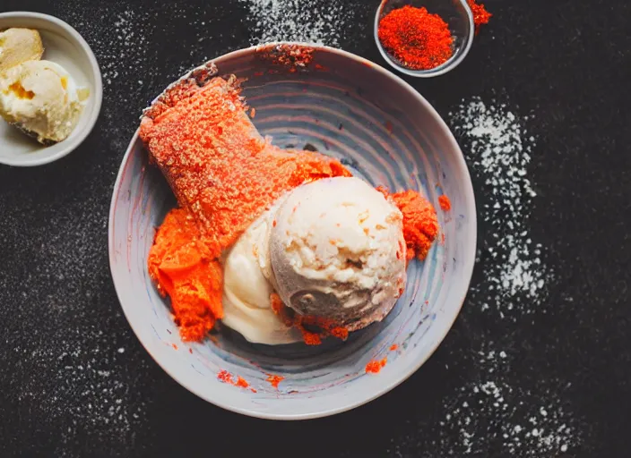 Image similar to dslr food photograph of salmon roe ice cream sundae, 8 5 mm f 1. 8