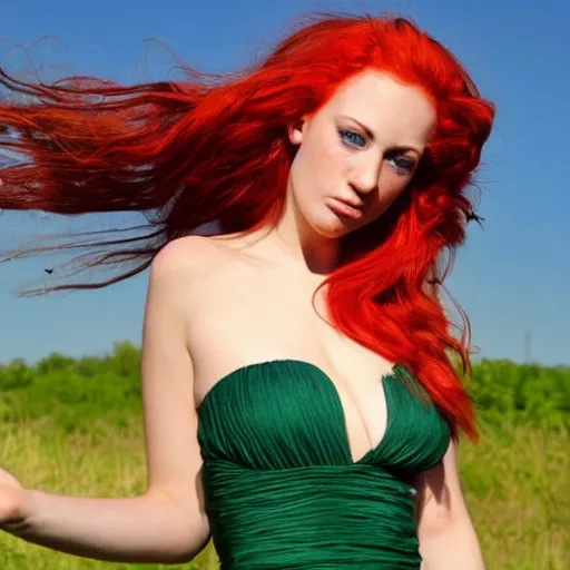 Prompt: beautiful green eyed goddess with red hair and fair skin wearing a thin green strapless sundress blowing in the wind on a sunny day