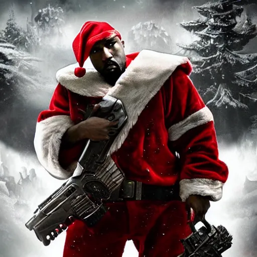 Image similar to Kanye West as santaclaus in 'Gears of War', splash art, movie still, cinematic lighting, detailed face, dramatic, octane render, long lens, shallow depth of field, bokeh, anamorphic lens flare, 8k, hyper detailed, 35mm film grain