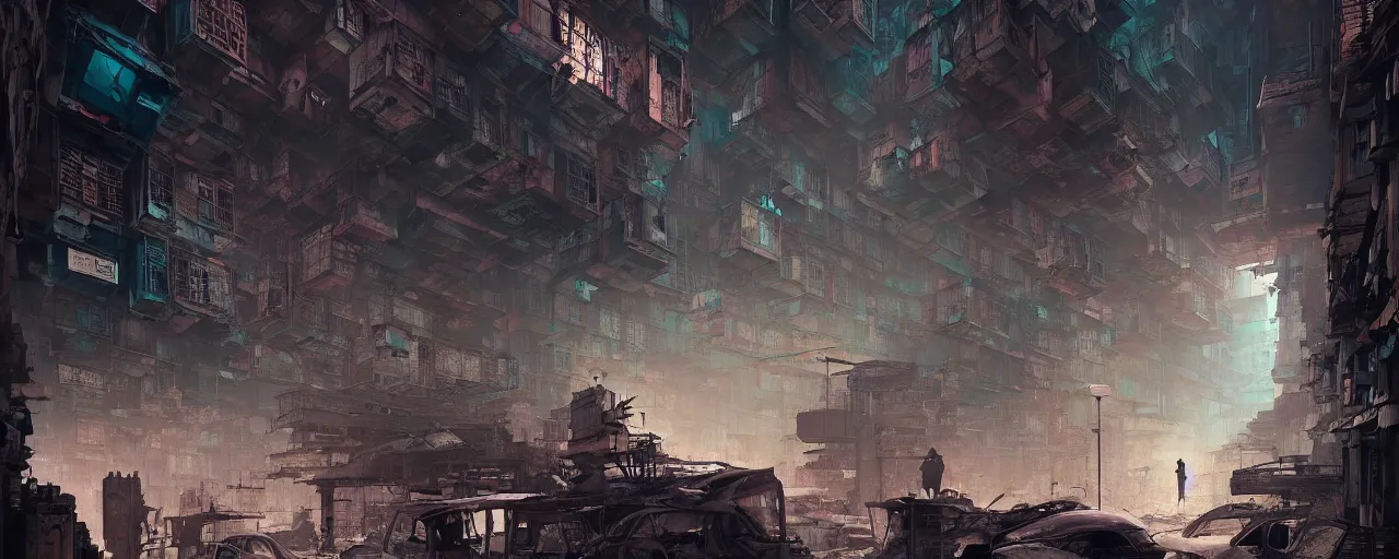 Prompt: duotone noir concept illustration inside of kowloon walled city stimulus overload groups of people scavenging octane render, concept hideo kojima surreal atmosphere, abandoned buildings volumentric lighting. cosmic horror. accidental renaissance. by sachin teng and sergey kolesov and ruan jia and heng z. graffiti art, scifi, fantasy, hyper detailed. trending on artstation