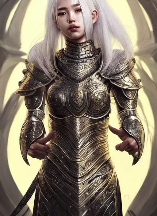 Image similar to warrior, intricate ornate opal heavy armor!!! beautiful and athletic white hair female!! gorgeous face and eyes!! character concept art, sharp focus, octane render! unreal engine 5! highly rendered!! trending on artstation!! detailed linework!! illustration by artgerm, wlop, and chie yoshii