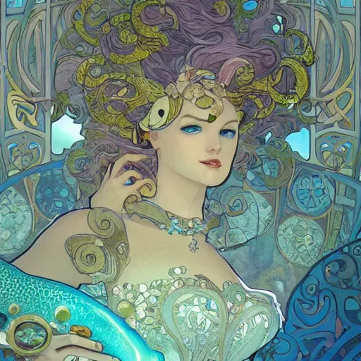 Image similar to a beautiful stunning fantasy whimsical matte digital storybook painting of the underwater city of Atlantis, art nouveau, bubbles splash shells fish details, pastel color palette, by Alphonse Mucha and Tyler Edlin, trending on artstation hq