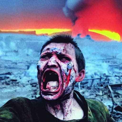 Image similar to selfie of a ukrainian screaming in pain and terrible injuries from a nuclear explosion, everything is on fire and radiation, in the background there are a lot of people like zombies, corpses and skeletons, a large nuclear explosion in the background, people are painted in yellow and blue, all dirty with severed limbs, doomsday