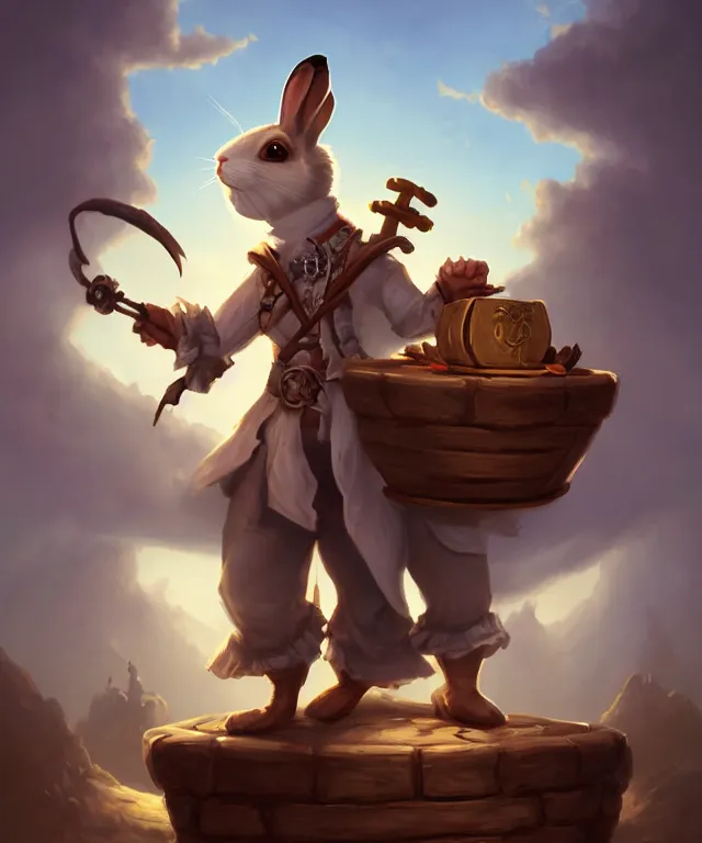 Image similar to anthropomorphic rabbit pirate, pirate outfit, standing on a treasure chest, standing in a beautiful landscape, cute and adorable, dnd character art portrait, matte fantasy painting, deviantart artstation, by jason felix by steve argyle by tyler jacobson by peter mohrbacher, cinematic lighting