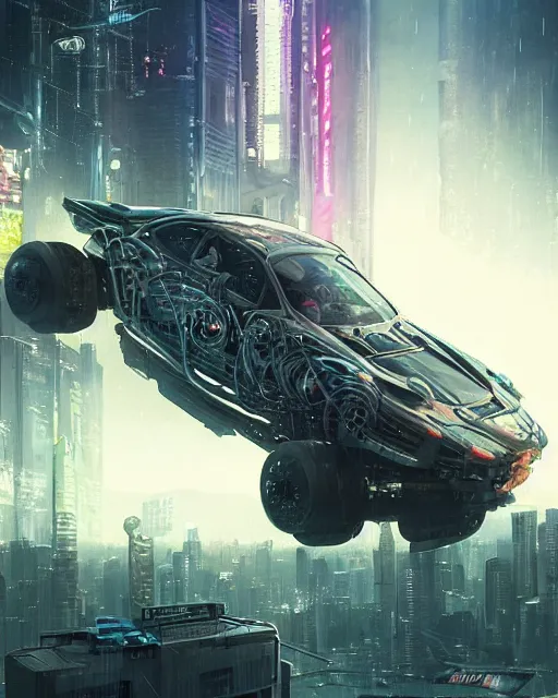 Image similar to cyberpunk vehicle above a city, scifi, futuristic, neon light, highly detailed, concept art, sharp focus, trending on artstation, intricate, atmosphere, raining, art by roman makarenko, dzung phung dinh